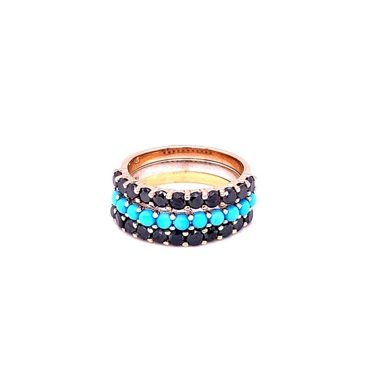 2.66 Carat Turquoise, Black Diamond, 14K Gold Band Set