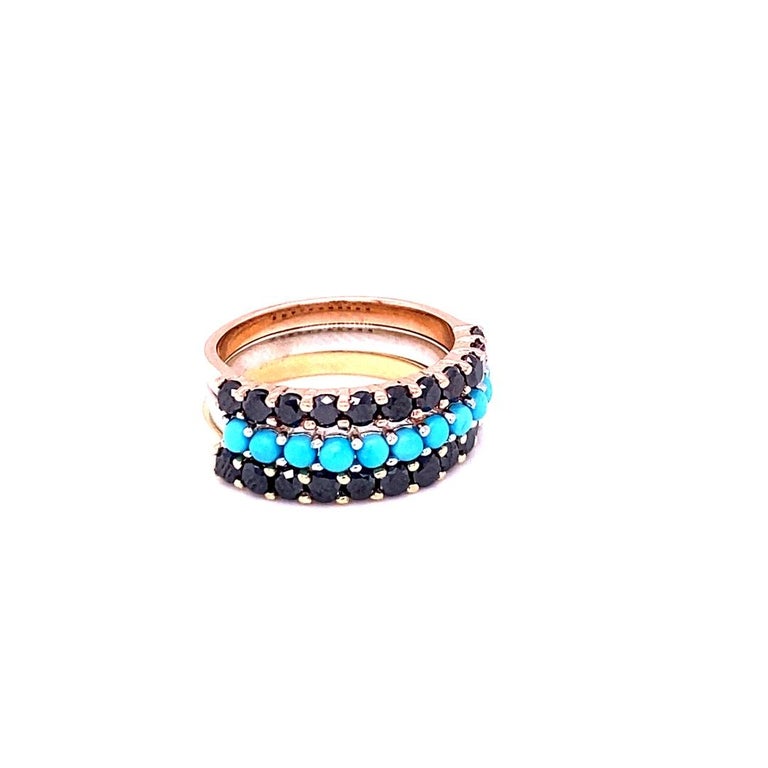 2.66 Carat Turquoise, Black Diamond, 14K Gold Band Set