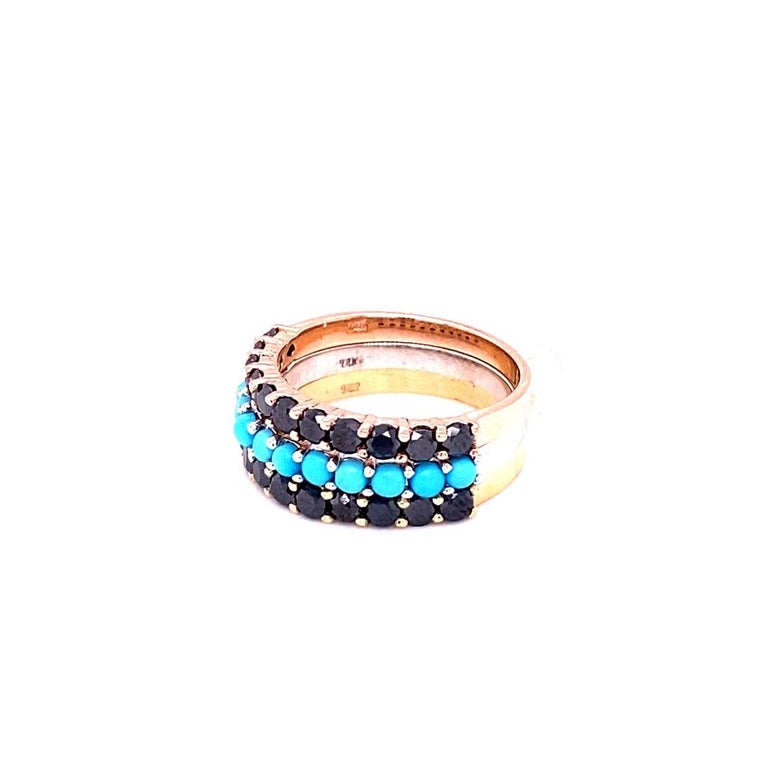 2.66 Carat Turquoise, Black Diamond, 14K Gold Band Set