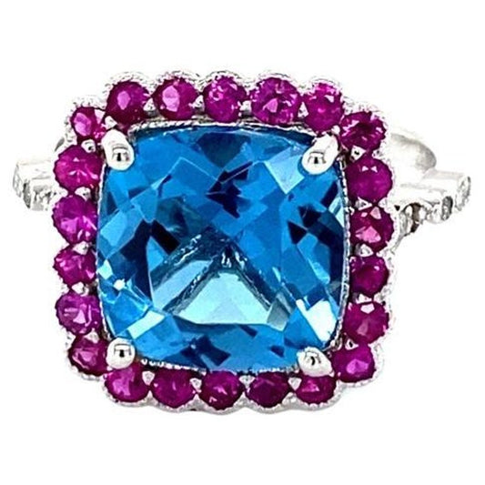 6.06 Ct Blue Topaz, Pink Sapphire, Diamond 14 Karat White Gold Ring