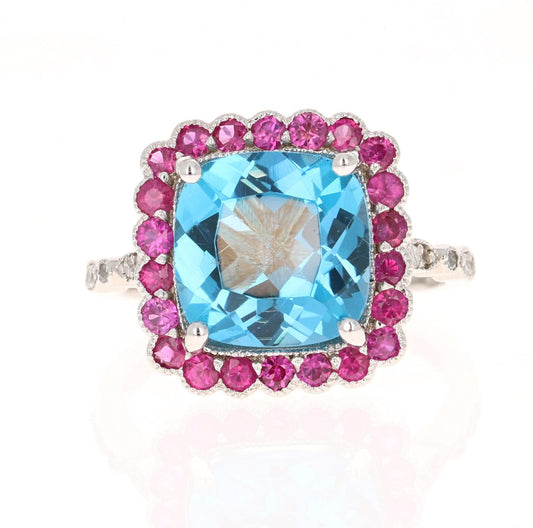 6.06 Carat Blue Topaz Pink Sapphire Diamond White Gold Engagement Ring