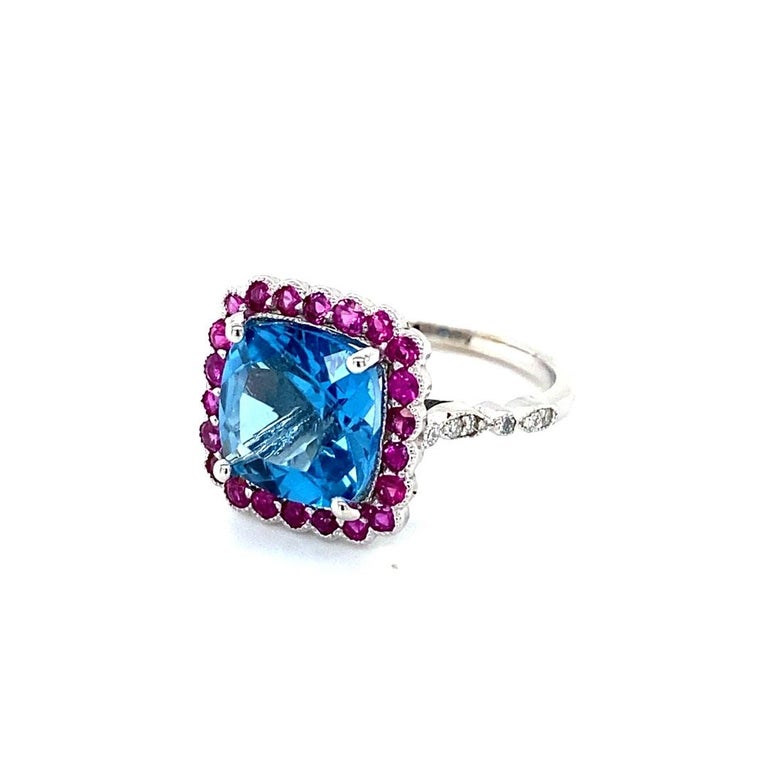 6.06 Ct Blue Topaz, Pink Sapphire, Diamond 14 Karat White Gold Ring
