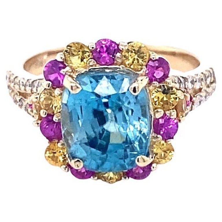 6.00 Ct Blue Zircon Sapphire Diamond 14 Karat Yellow Gold Ring