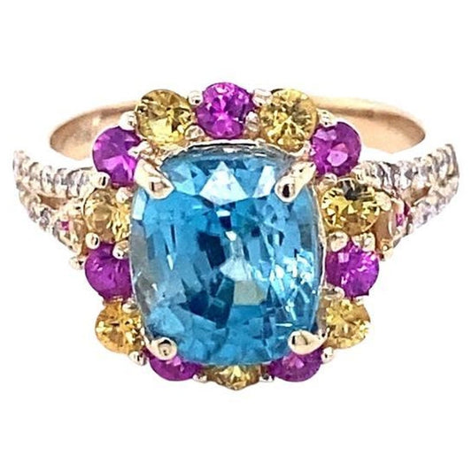 6.00 Ct Blue Zircon Sapphire Diamond 14 Karat Yellow Gold Ring