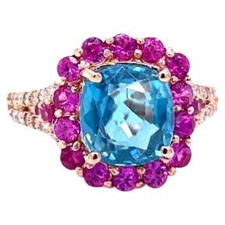 4.74 Ct Blue Zircon, Pink Sapphire, Diamond 14 Karat Rose Gold Ring