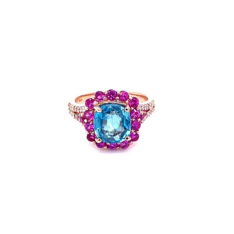 4.74 Ct Blue Zircon, Pink Sapphire, Diamond 14 Karat Rose Gold Ring