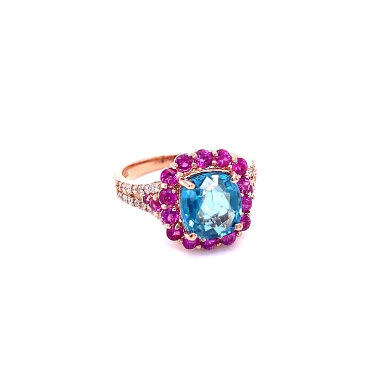 4.74 Ct Blue Zircon, Pink Sapphire, Diamond 14 Karat Rose Gold Ring