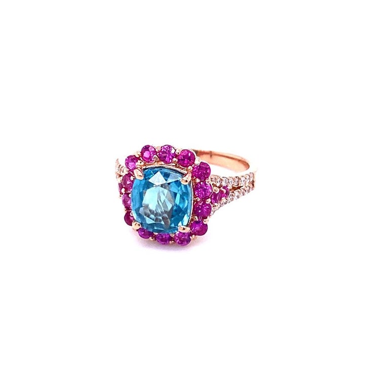 4.74 Ct Blue Zircon, Pink Sapphire, Diamond 14 Karat Rose Gold Ring