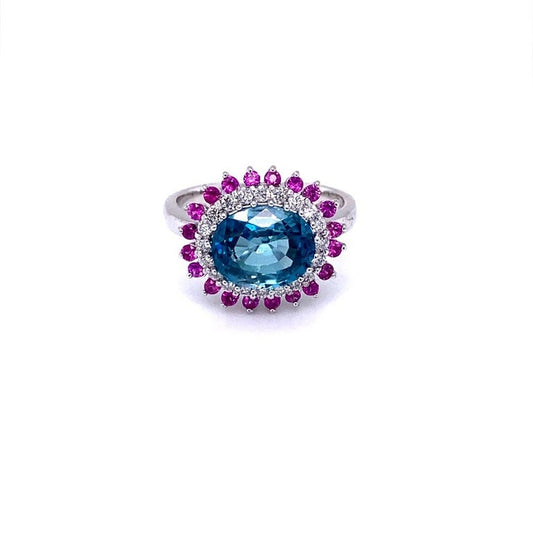 4.32 Ct Blue Zircon, Sapphire, Diamond 14 Karat White Gold Ring