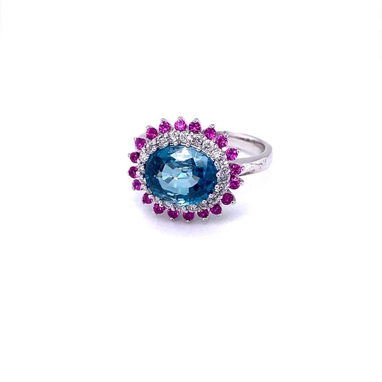 4.32 Ct Blue Zircon, Sapphire, Diamond 14 Karat White Gold Ring