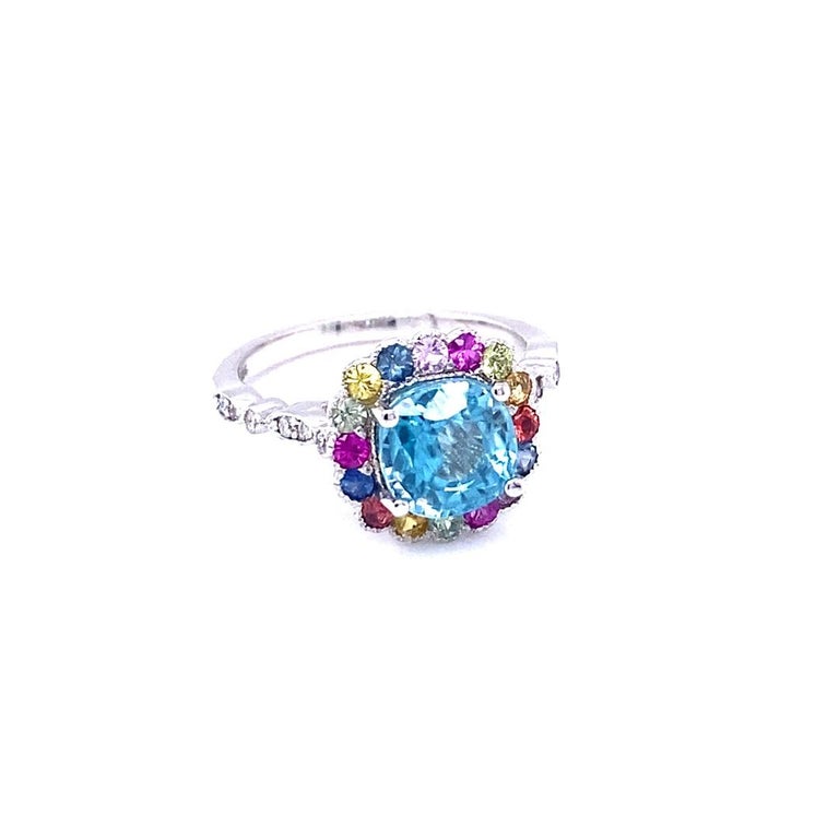 3.89 Ct Blue Zircon, Multicolor Sapphire, Diamond 14 Karat White Gold Ring