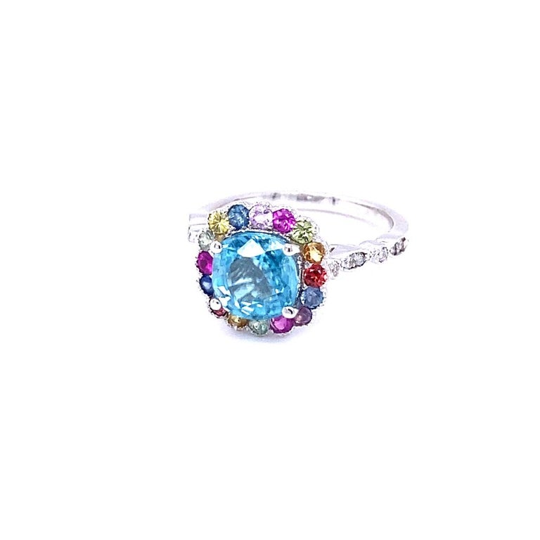 3.89 Ct Blue Zircon, Multicolor Sapphire, Diamond 14 Karat White Gold Ring