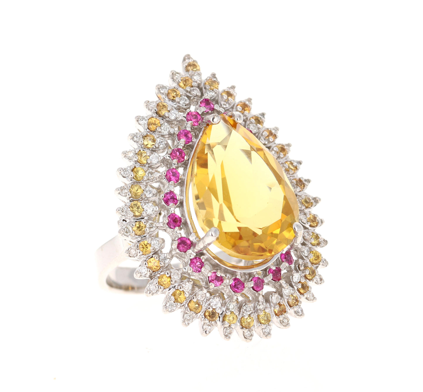 13.64 Ct Citrine, Sapphire, Diamond 14 Karat White Gold Cocktail Ring