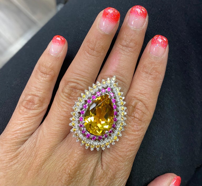 13.64 Ct Citrine, Sapphire, Diamond 14 Karat White Gold Cocktail Ring