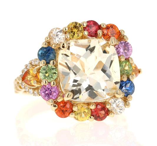 7.90 Carat Citrine Multicolor Sapphire Diamond Yellow Gold Cocktail Ring