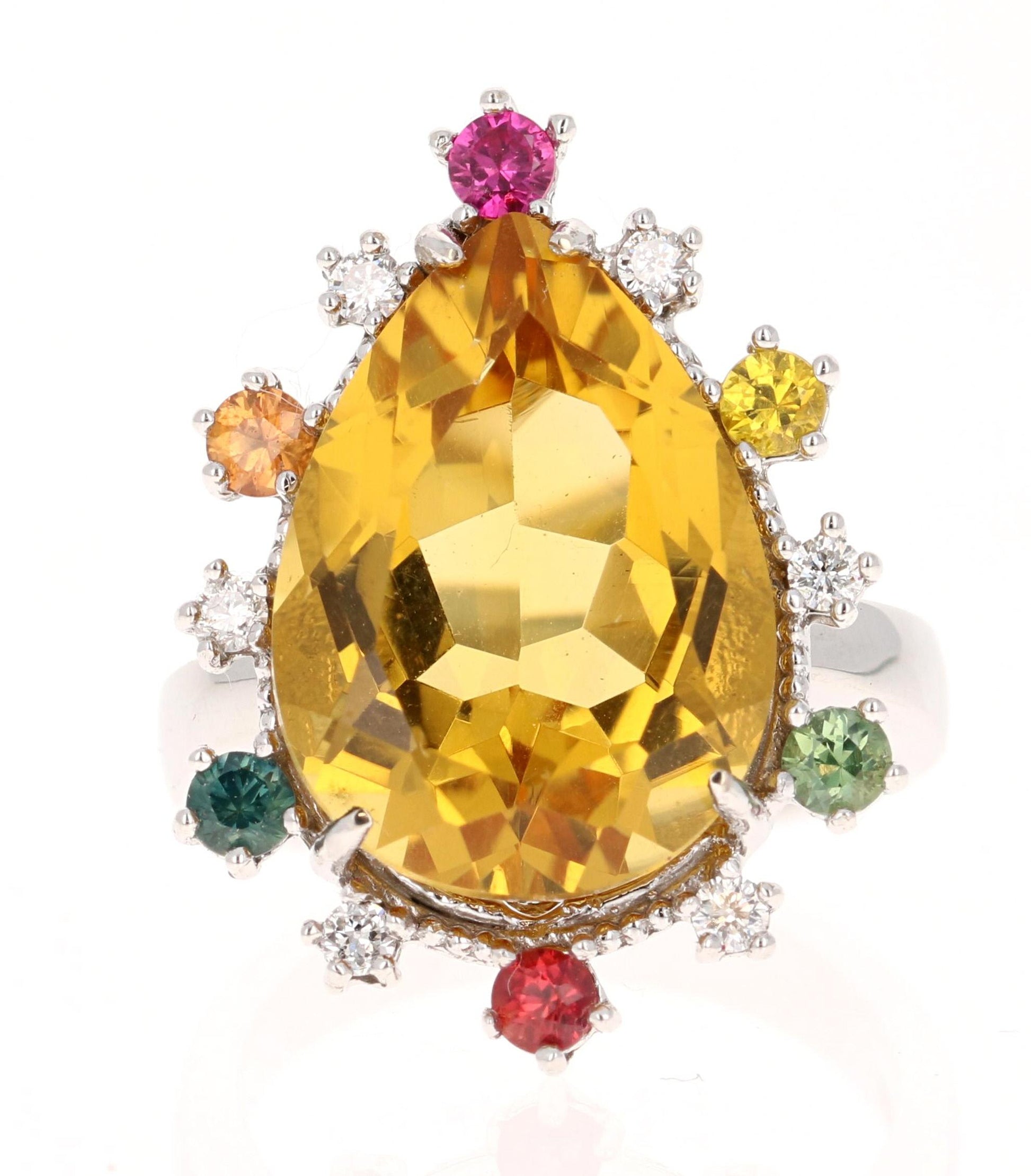 12.25 Carat Pear Cut Citrine Sapphire Diamond Yellow Gold Cocktail Ring