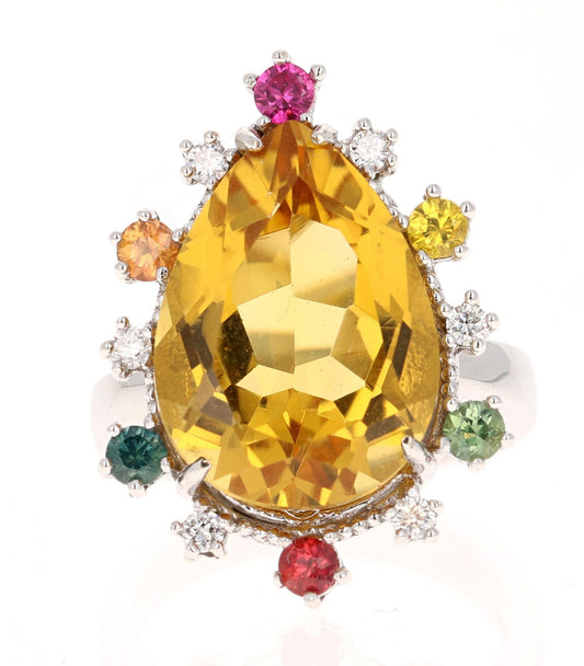 12.25 Carat Pear Cut Citrine Sapphire Diamond Yellow Gold Cocktail Ring