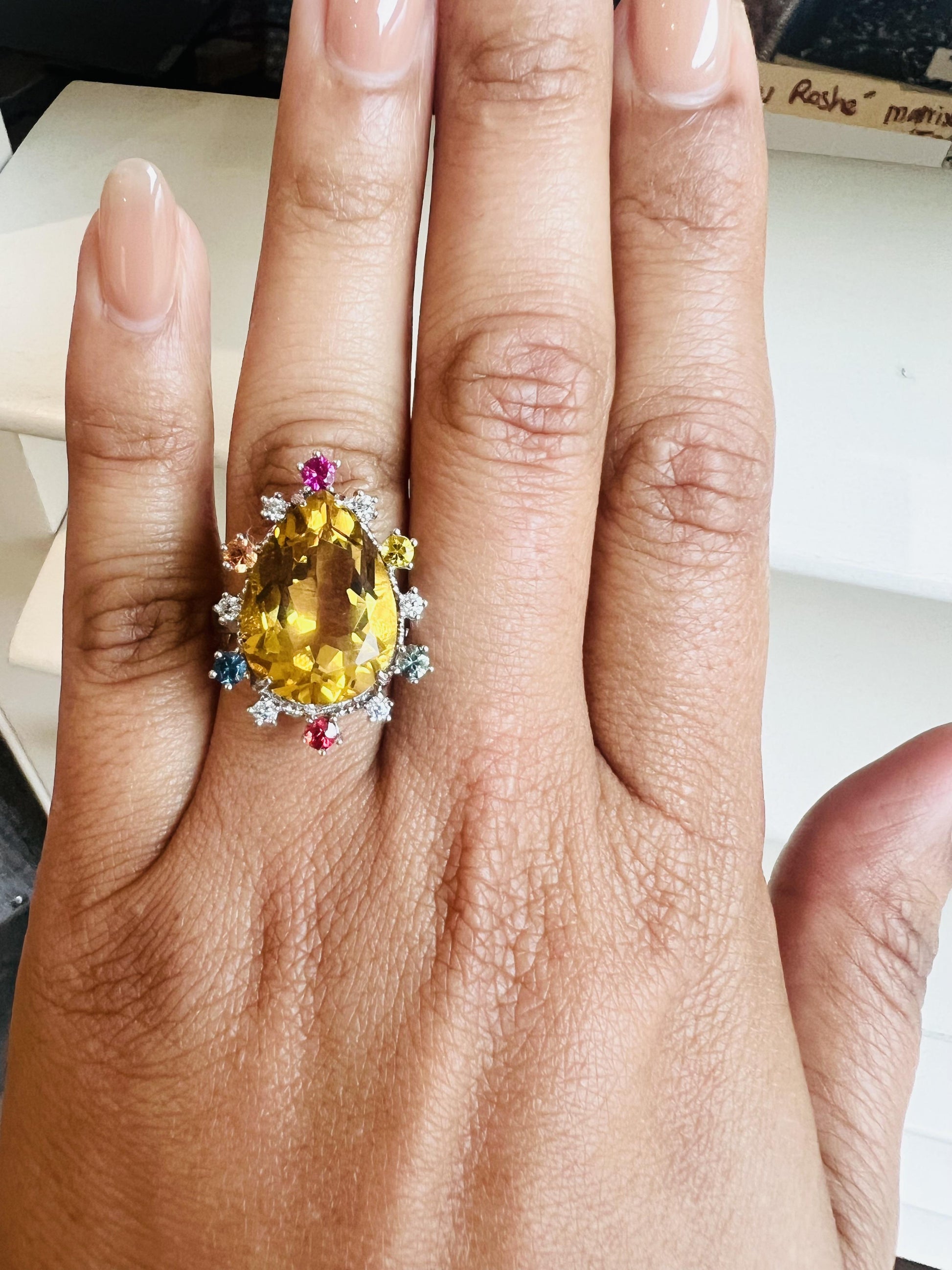 12.25 Carat Pear Cut Citrine Sapphire Diamond Yellow Gold Cocktail Ring