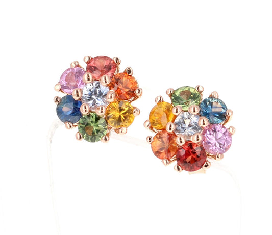 1.97 Carat Multicolor Sapphire Rose Gold Floret Stud Earrings