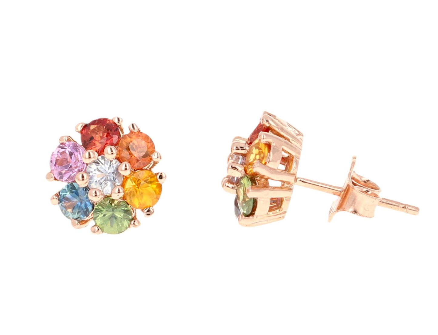 1.97 Carat Multicolor Sapphire Rose Gold Floret Stud Earrings