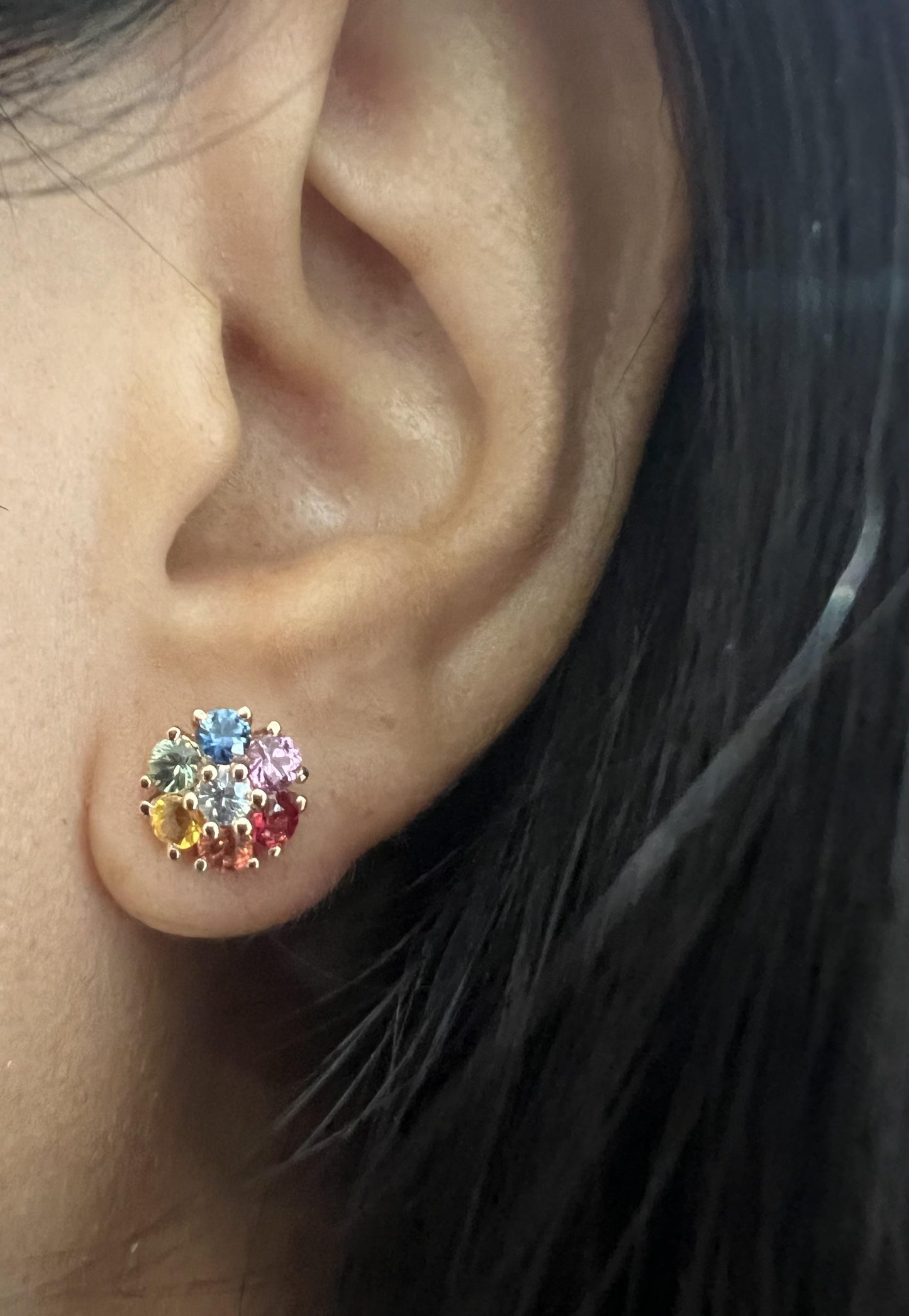 1.97 Carat Multicolor Sapphire Rose Gold Floret Stud Earrings