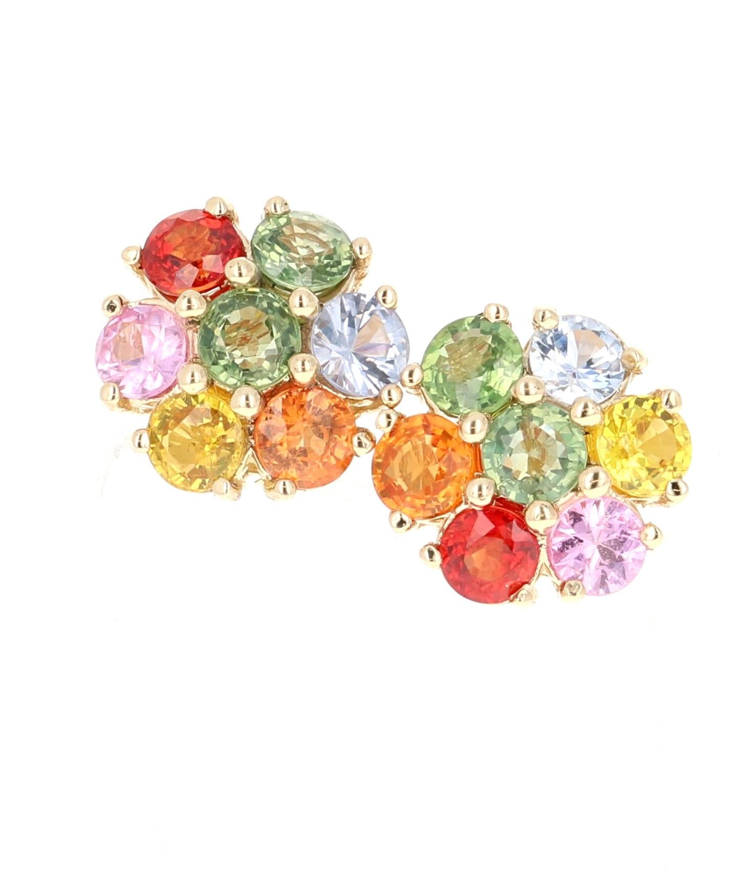 3.67 Carat Natural Multicolor Sapphire 14 Karat Yellow Gold Stud Earrings