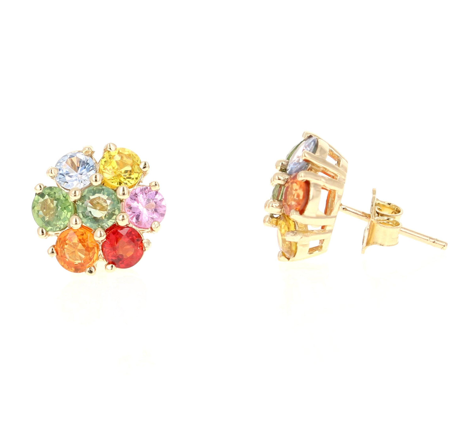 3.67 Carat Natural Multicolor Sapphire 14 Karat Yellow Gold Stud Earrings