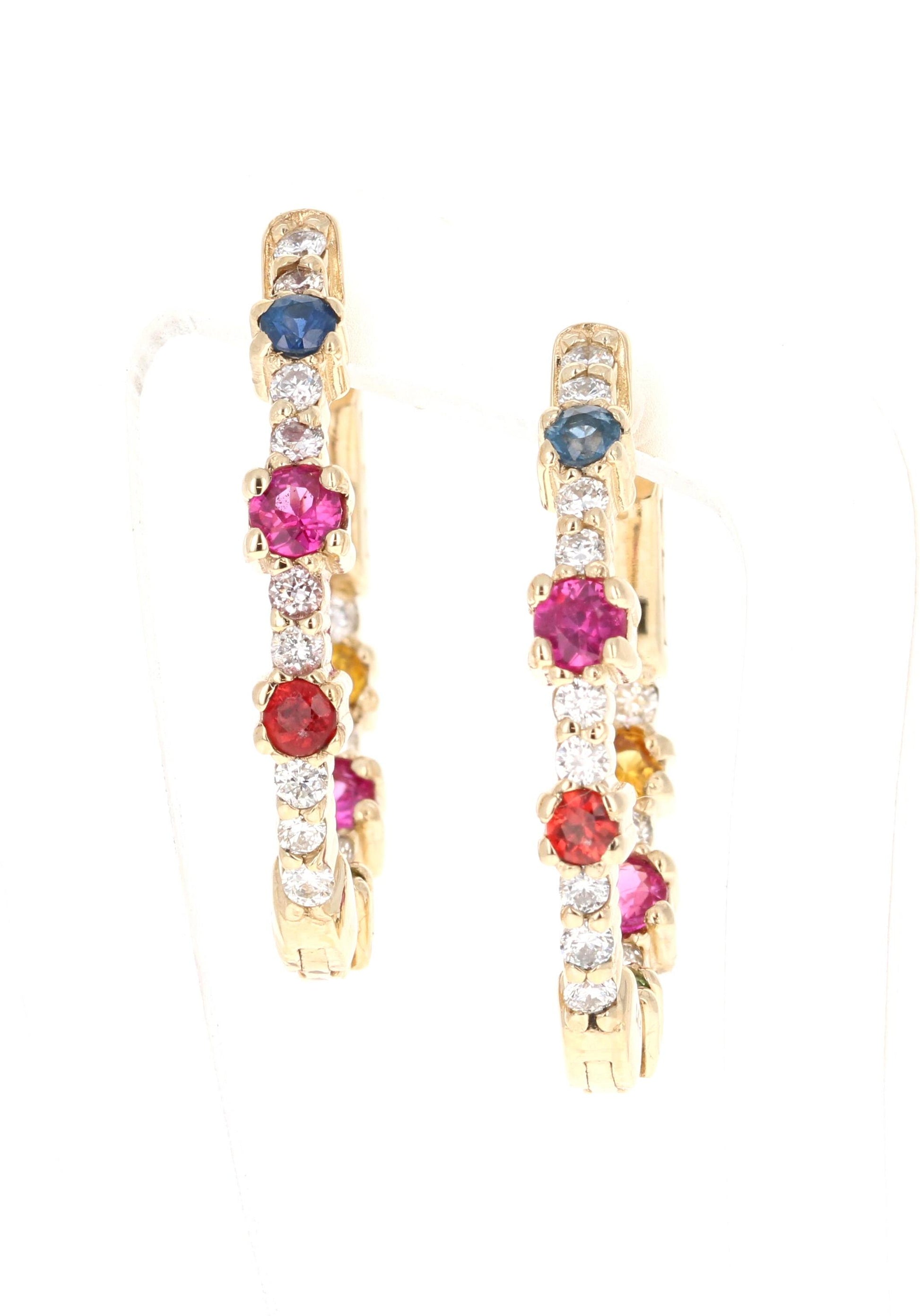 1.56 Carat Diamond Multicolor Sapphire Yellow Gold Hoop Earrings