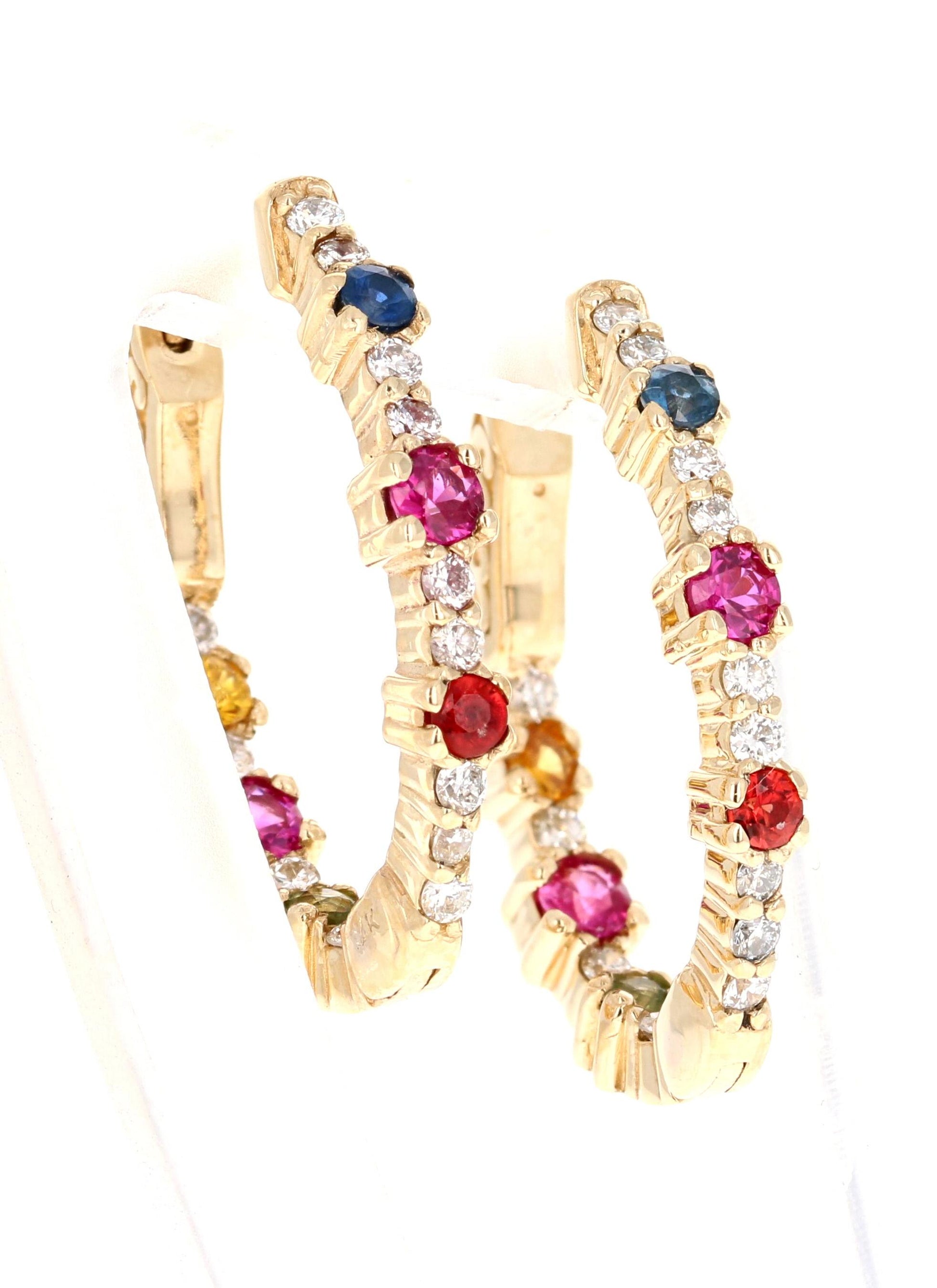 1.56 Carat Diamond Multicolor Sapphire Yellow Gold Hoop Earrings