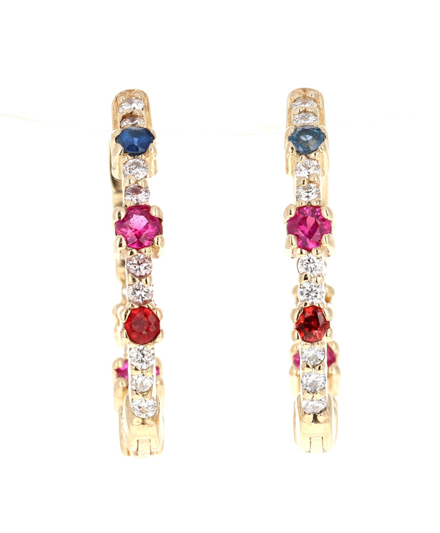 1.56 Carat Diamond Multicolor Sapphire Yellow Gold Hoop Earrings