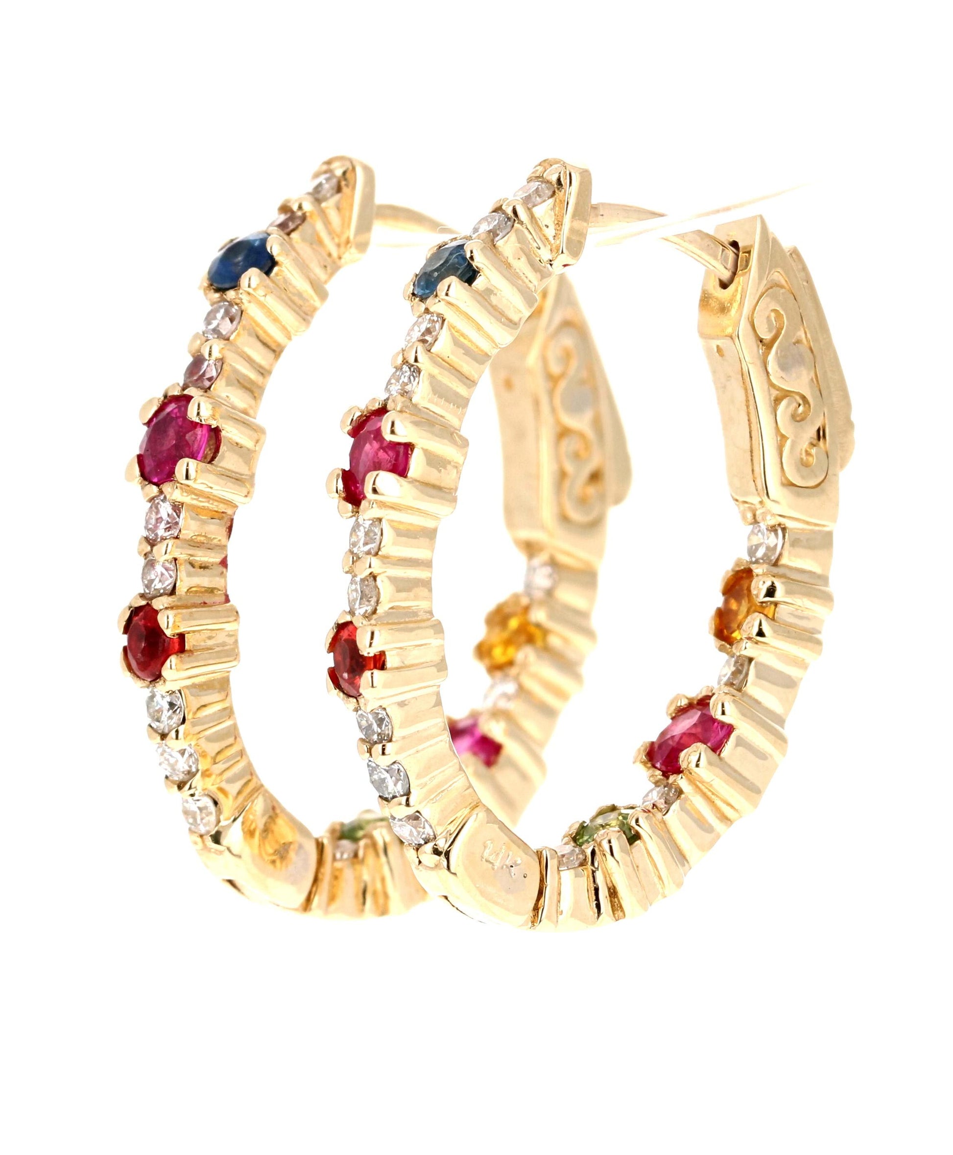 1.56 Carat Diamond Multicolor Sapphire Yellow Gold Hoop Earrings