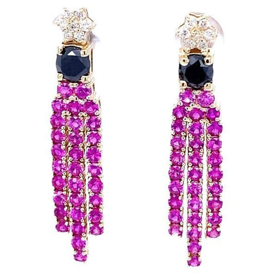 4.65 Ct Black Diamond, Pink Sapphire 14 Karat Yellow Gold Earrings