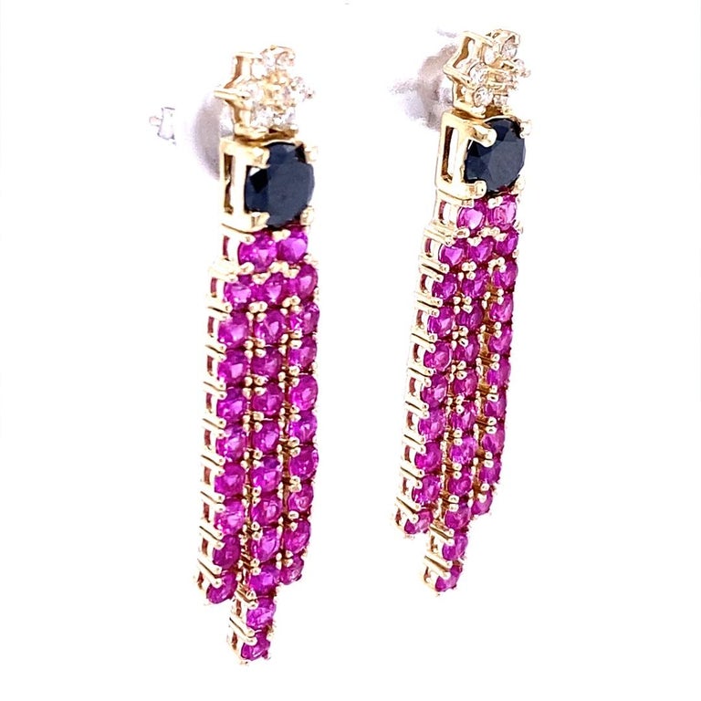 4.65 Ct Black Diamond, Pink Sapphire 14 Karat Yellow Gold Earrings