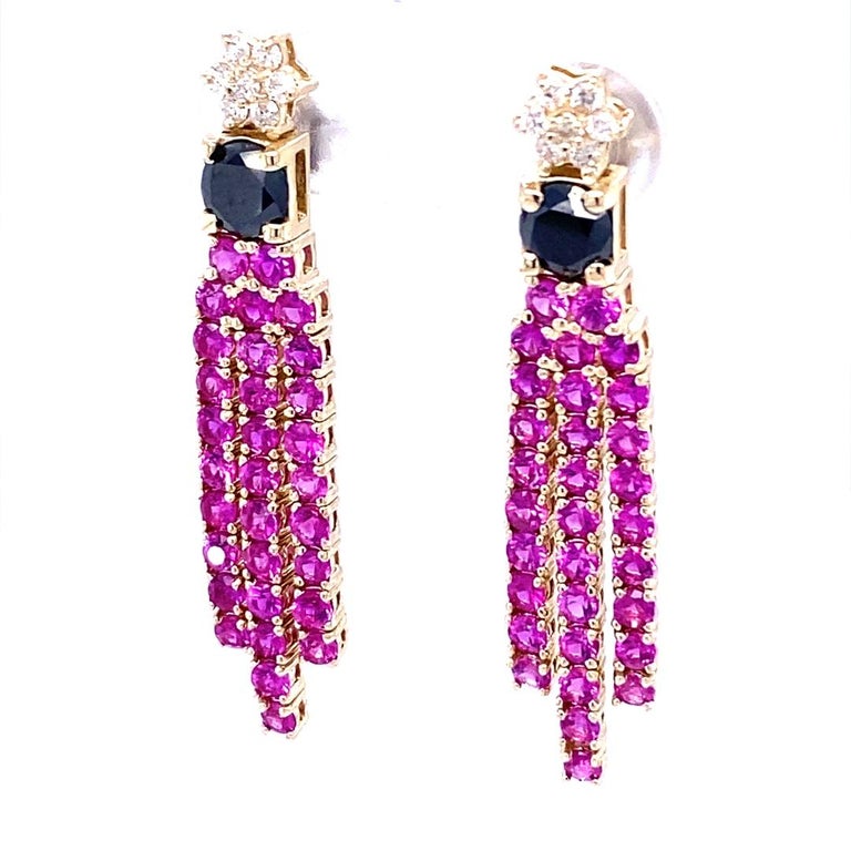 4.65 Ct Black Diamond, Pink Sapphire 14 Karat Yellow Gold Earrings