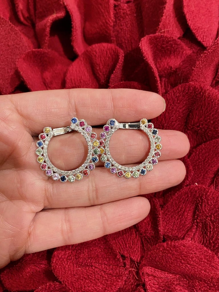 2.94 Ct Multi Color Sapphire, Diamond 14 Karat White Gold Earrings