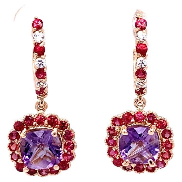 3.83 Ct Amethyst, Sapphire 14 Karat Rose Gold Drop Earrings