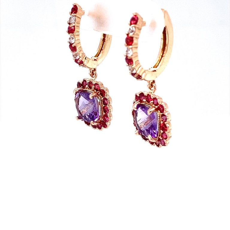 3.83 Ct Amethyst, Sapphire 14 Karat Rose Gold Drop Earrings