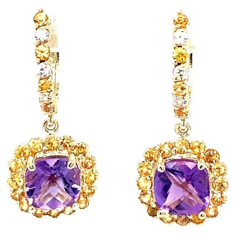 3.76 Ct Amethyst, Sapphire 14 Karat Yellow Gold Drop Earrings