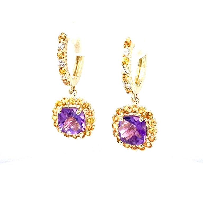 3.76 Ct Amethyst, Sapphire 14 Karat Yellow Gold Drop Earrings