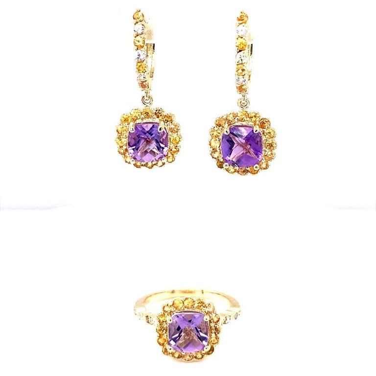 3.76 Ct Amethyst, Sapphire 14 Karat Yellow Gold Drop Earrings