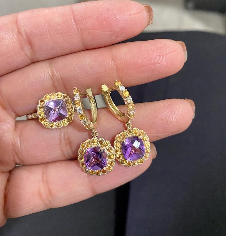 3.76 Ct Amethyst, Sapphire 14 Karat Yellow Gold Drop Earrings