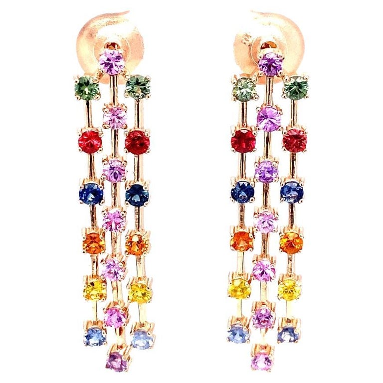 3.11 Carat Multi Color Sapphire Rose Gold Dangle Earrings