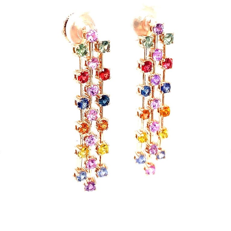 3.11 Carat Multi Color Sapphire Rose Gold Dangle Earrings