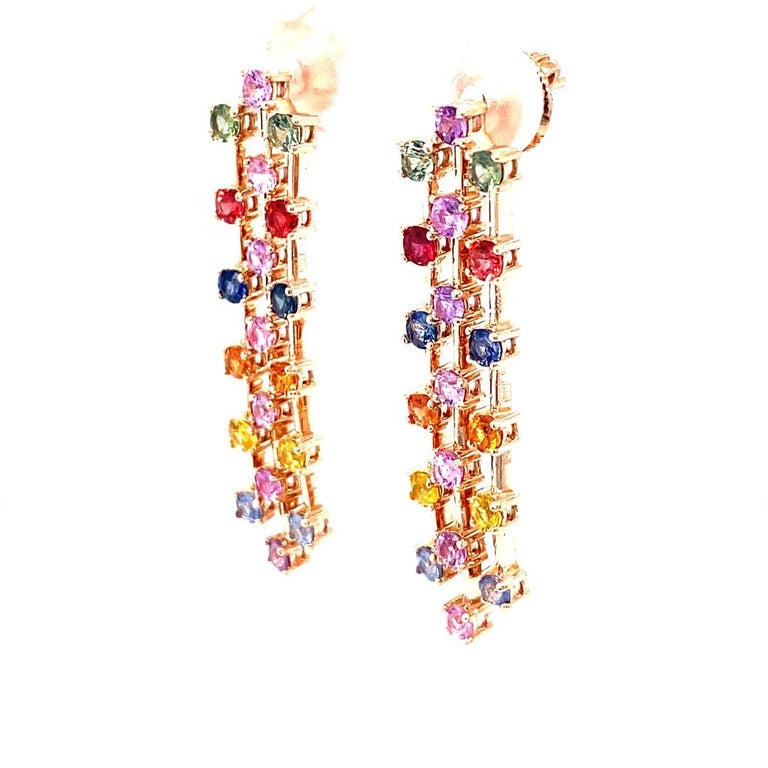 3.11 Carat Multi Color Sapphire Rose Gold Dangle Earrings