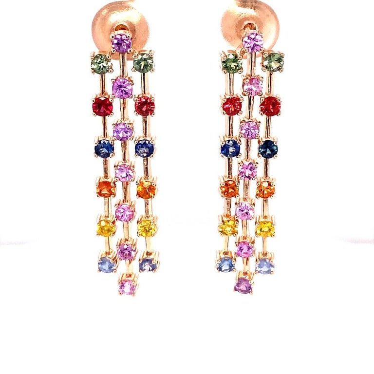3.11 Carat Multi Color Sapphire Rose Gold Dangle Earrings