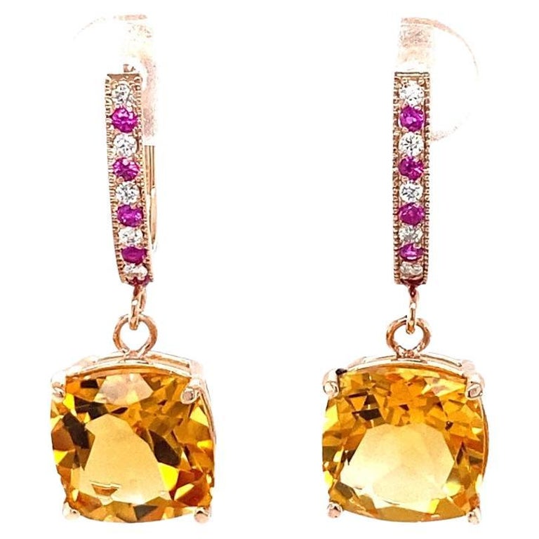 8.19 Ct Citrine, Pink Sapphire, Diamond Rose Gold Earrings