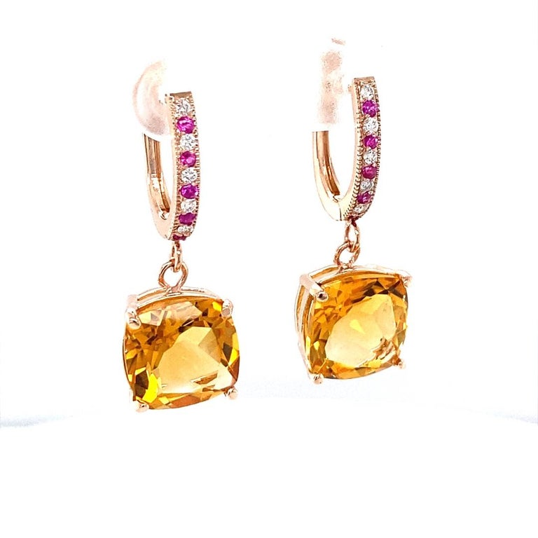 8.19 Ct Citrine, Pink Sapphire, Diamond Rose Gold Earrings