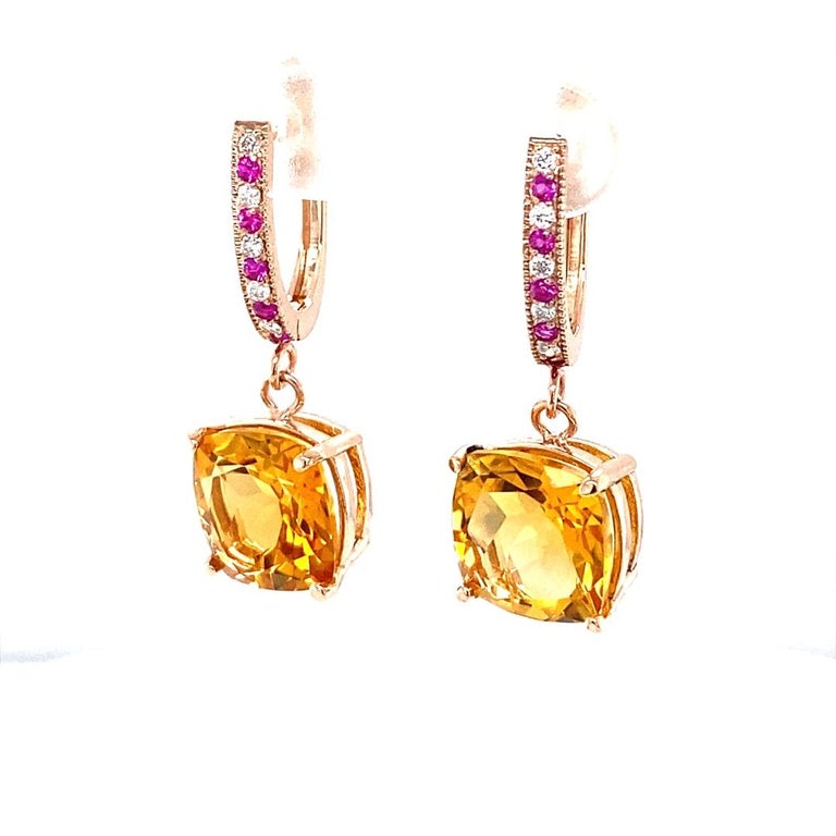 8.19 Ct Citrine, Pink Sapphire, Diamond Rose Gold Earrings