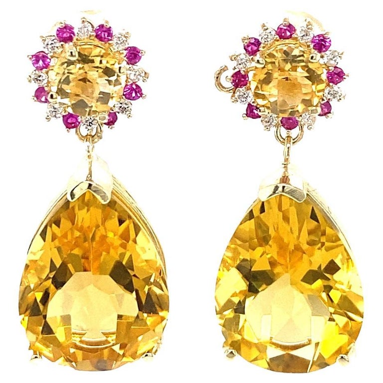 24.09 Carat Citrine, Pink Sapphire, Diamond 14 Karat Yellow Gold Earrings