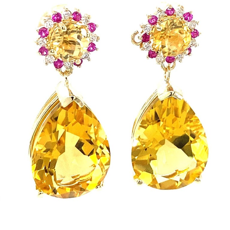 24.09 Carat Citrine, Pink Sapphire, Diamond 14 Karat Yellow Gold Earrings